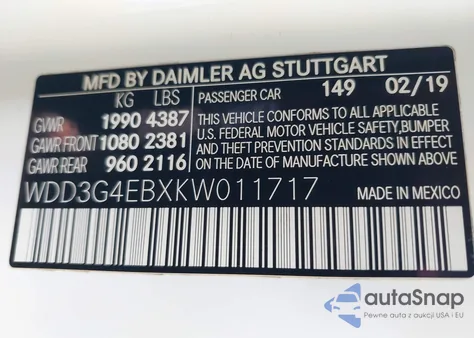 2019 Mercedes-Benz A 220 из США, поврежденный, VIN WDD3G4EBXKW011717